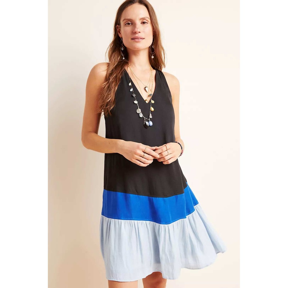 Anthropologie DOLAN Colorblock Tiered Dress Small Black Blue V-Neck Boho Wedding